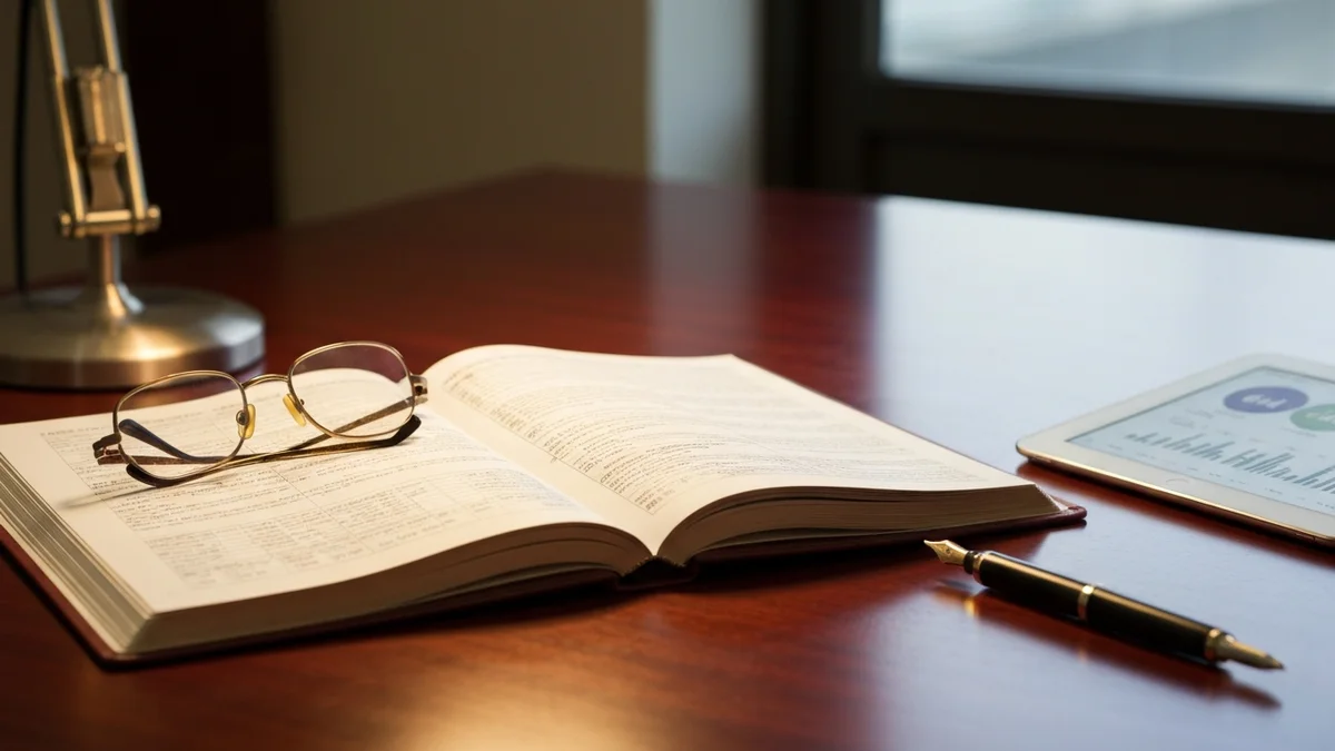 Open ledger book and bank statement on a polished desk with reading glasses and a tablet showing a banking dashboard