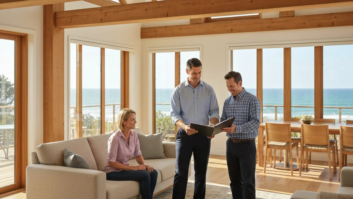 Property manager reviewing an insurance binder with a homeowner couple in a coastal vacation rental