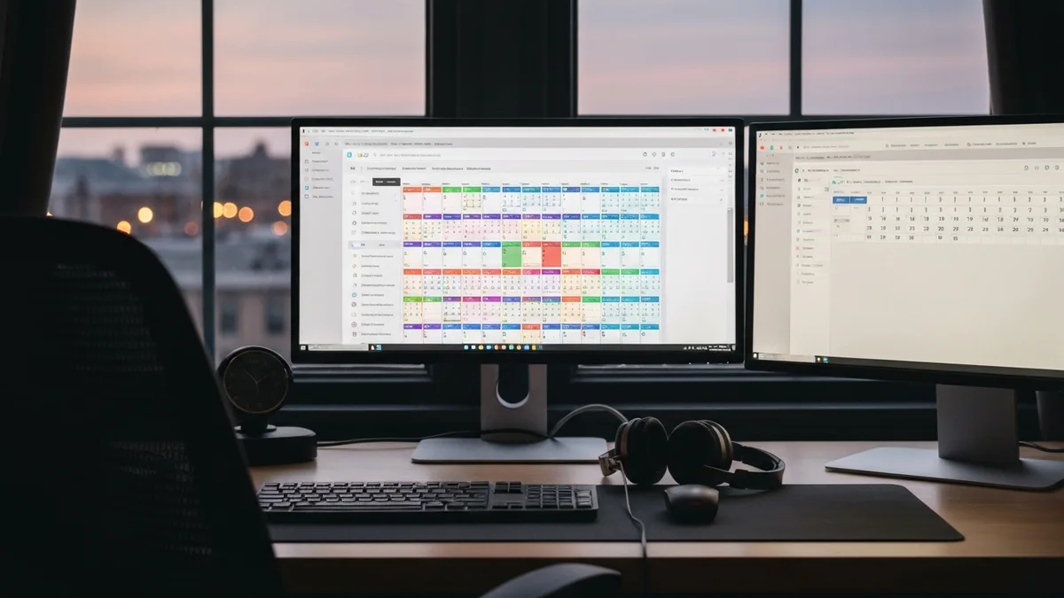 Multi-monitor home office showing a property management software dashboard with color-coded reservations