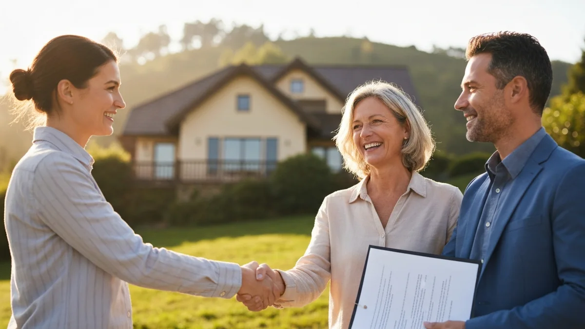 Friendly broker shaking hands with a homeowner couple in front of a hillside vacation rental