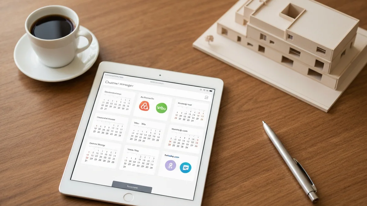 A tablet showing a channel-manager dashboard with Airbnb, Vrbo, and Booking.com calendars in sync