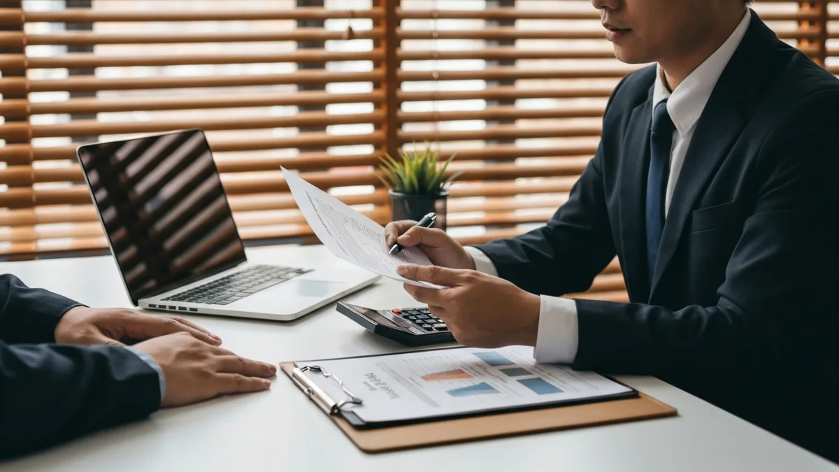 CPA reviewing rental tax documents with a client at a clean modern desk