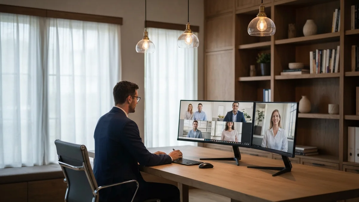 Real estate broker leading a small virtual meeting with several investor clients on a curved monitor
