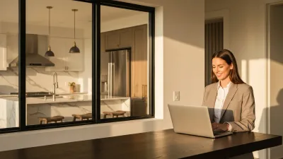 Female real estate agent reviewing a property management dashboard on a laptop in a sunlit home office, premium vacation rental visible through the window