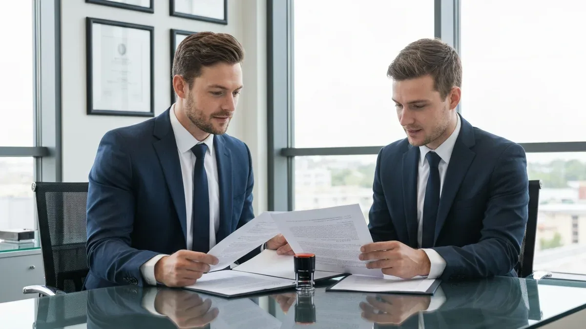 Two real estate professionals reviewing a property management dashboard at a glass desk