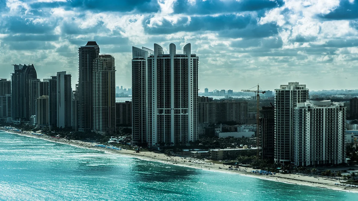 Aerial view of Sunny Isles Beach in greater Miami at sunset