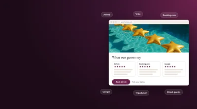Cavmir illustration of a vacation rental direct-booking website showing a row of guest reviews from Airbnb, Booking.com and Google under the home page photo, with review sources such as Vrbo, Tripadvisor and direct guests around it