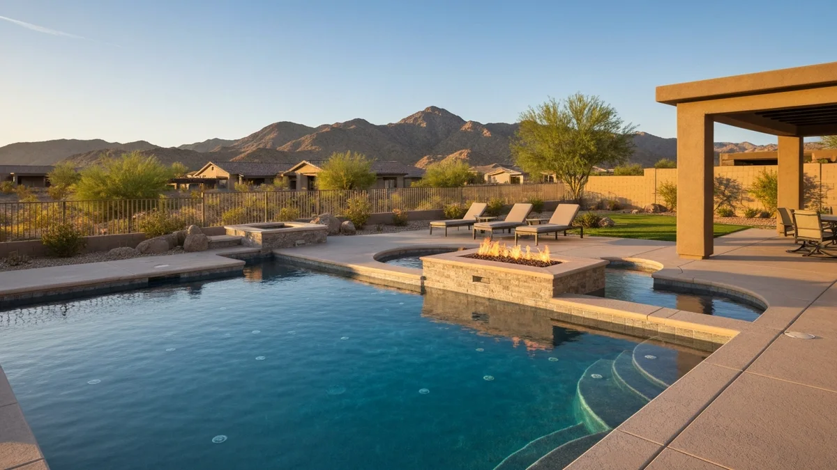 A backyard resort pool with a firepit at golden hour framed by desert mountains