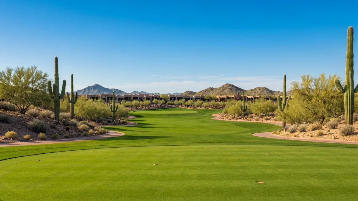 A green golf fairway meeting the Sonoran desert under a blue Arizona sky