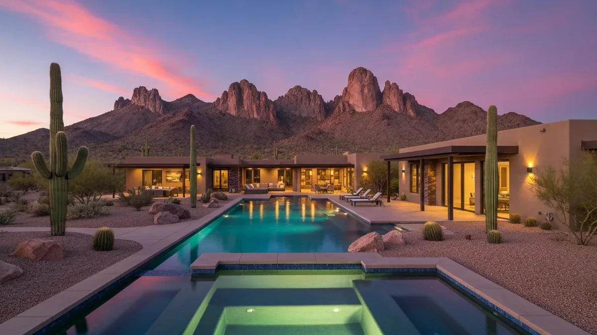 A modern desert home with a resort-style pool at dusk, saguaro cacti and desert mountains glowing pink behind