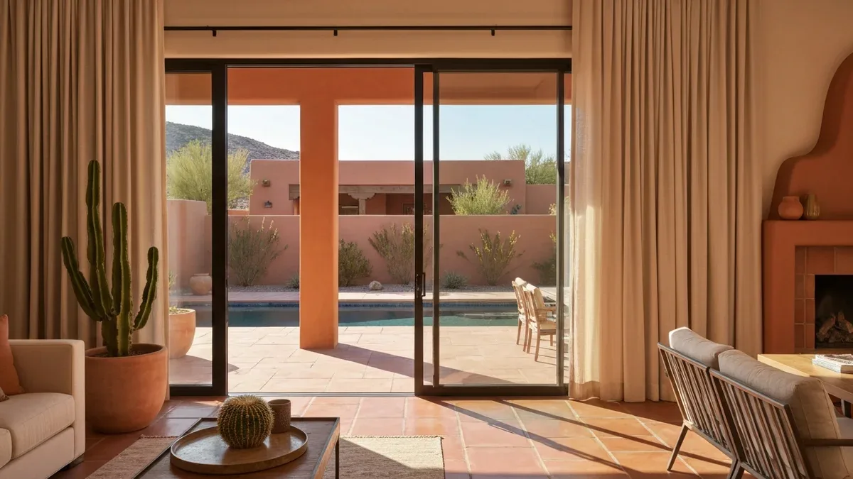 A Southwestern-modern living room opening to a pool patio in warm desert light