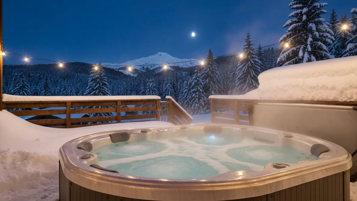 A steaming hot tub on a snowy chalet deck at twilight with string lights and a moonlit ski mountain behind