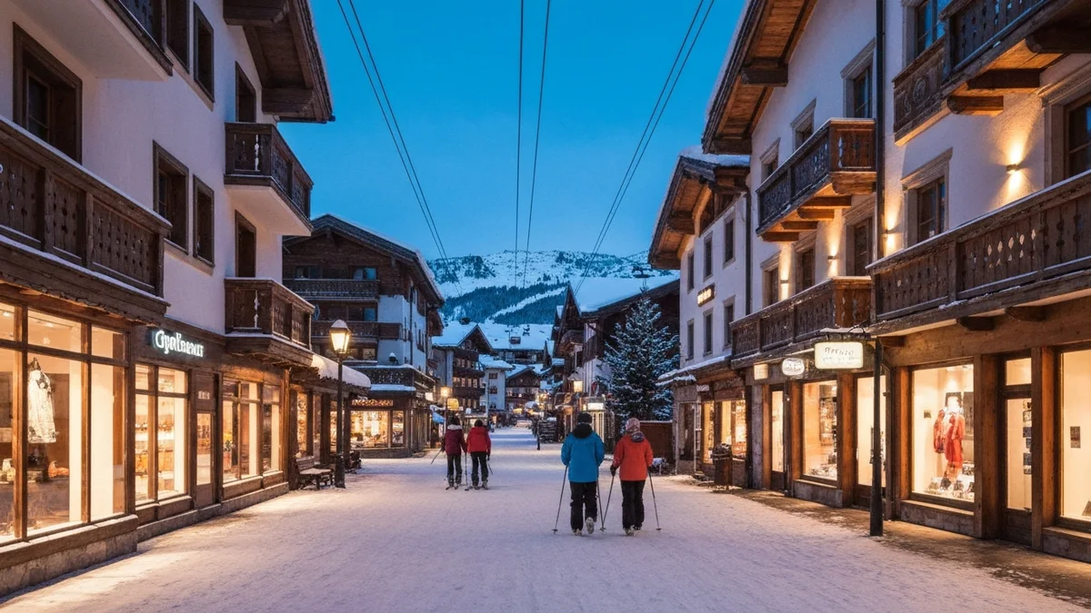 A snowy alpine village street at blue hour with warm-lit storefronts and gondola cables overhead
