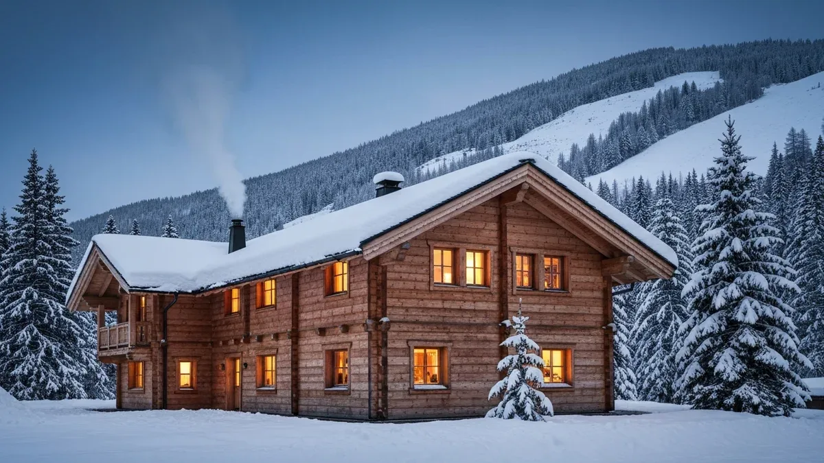 A timber ski chalet with glowing windows blanketed in fresh snow at dusk, snow-laden pines and a mountain slope behind