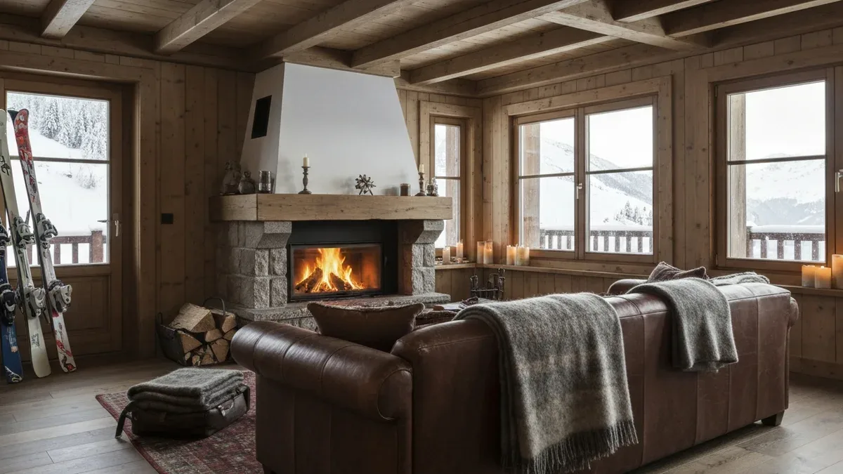 A cozy ski-chalet interior with a fireplace, wool throws and ski gear by the door, a snowy mountain view through the windows
