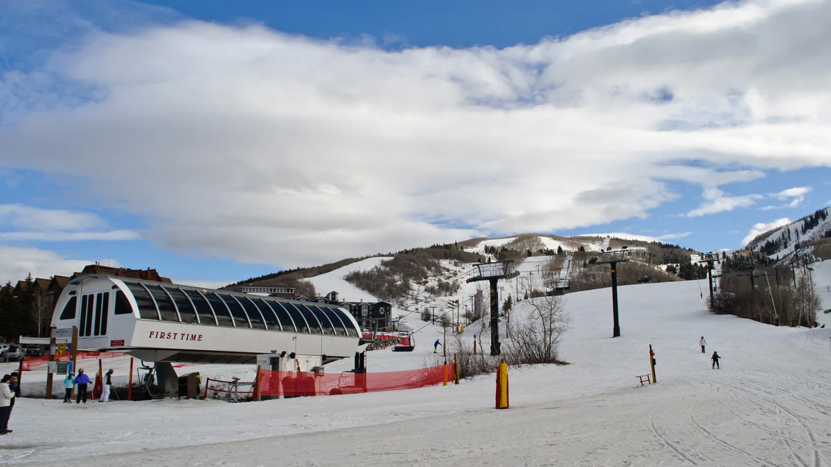 A US ski town under fresh snow — the winter backdrop behind peak nightly rates