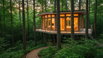 Luxury treehouse Airbnb property surrounded by forest with panoramic view deck