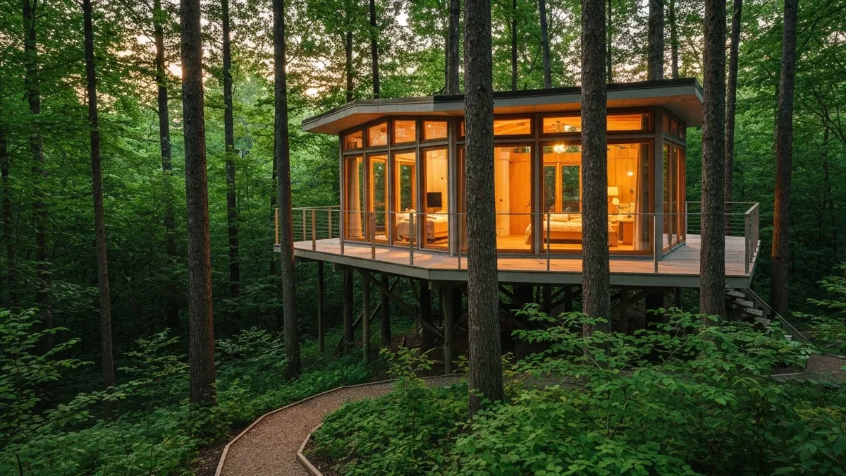 Luxury treehouse Airbnb property surrounded by forest with panoramic view deck
