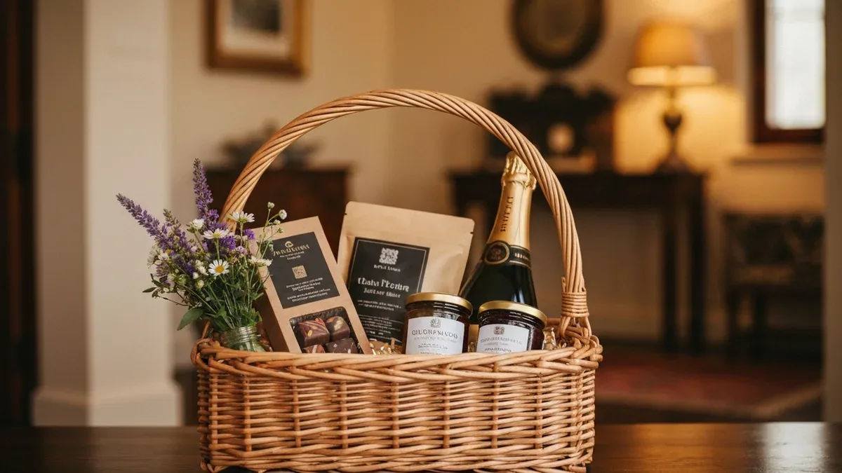 Luxury welcome basket with champagne and handwritten note for Airbnb guests