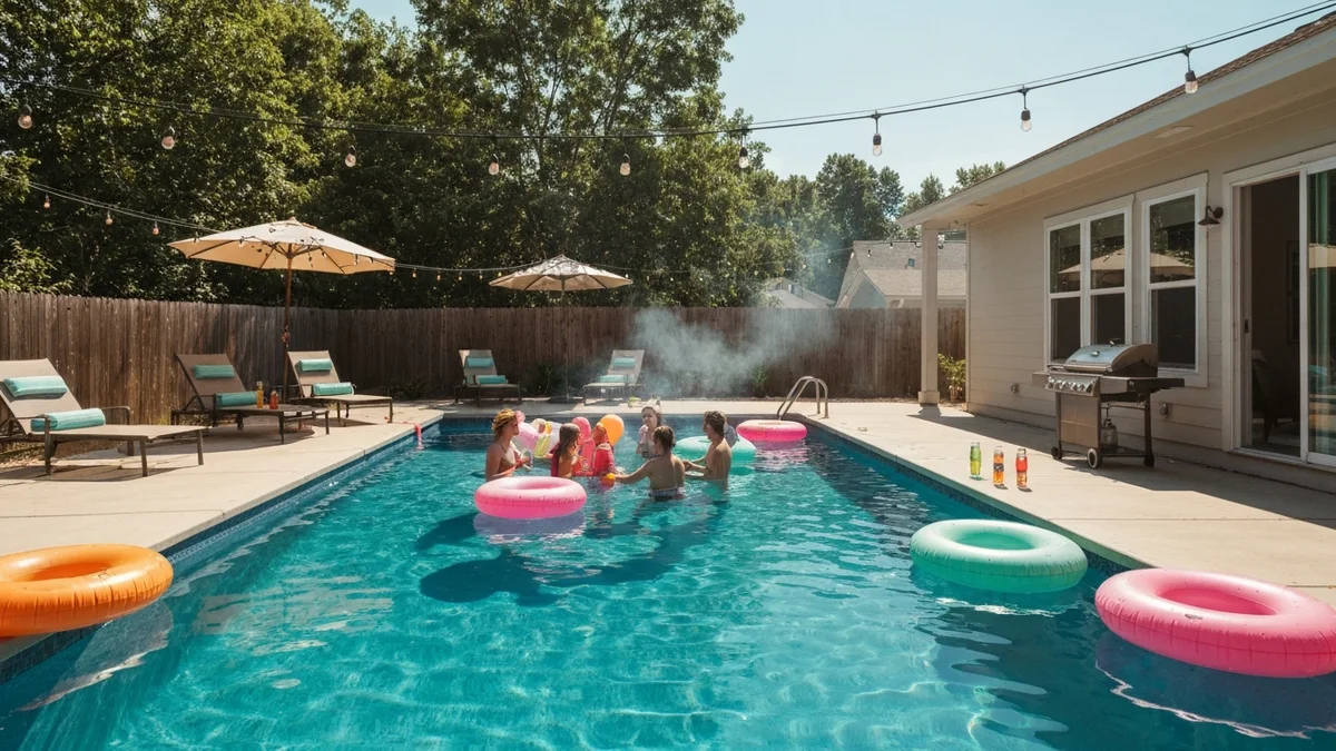 A backyard pool party at a vacation rental on a summer day with floats, string lights and a grill