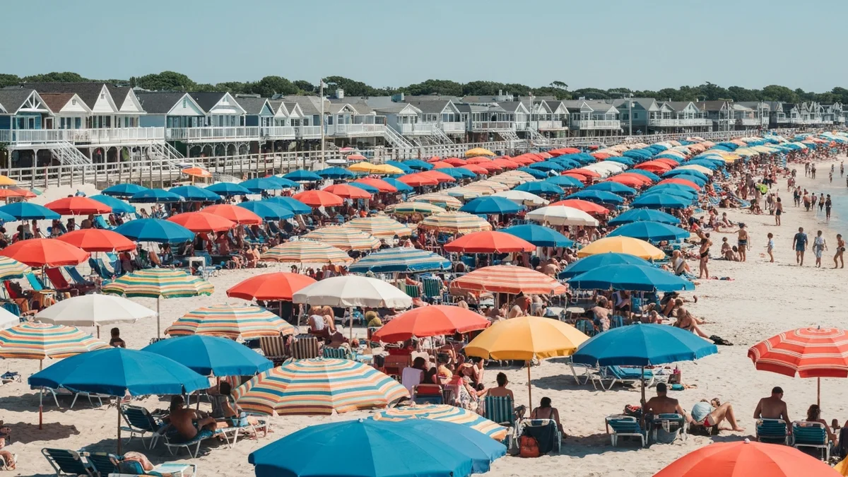 A packed sunny American beach with colorful umbrellas and a boardwalk of vacation cottages behind