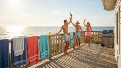 A sunlit coastal rental deck in summer with beach towels, cold drinks and a barbecue, the ocean sparkling beyond