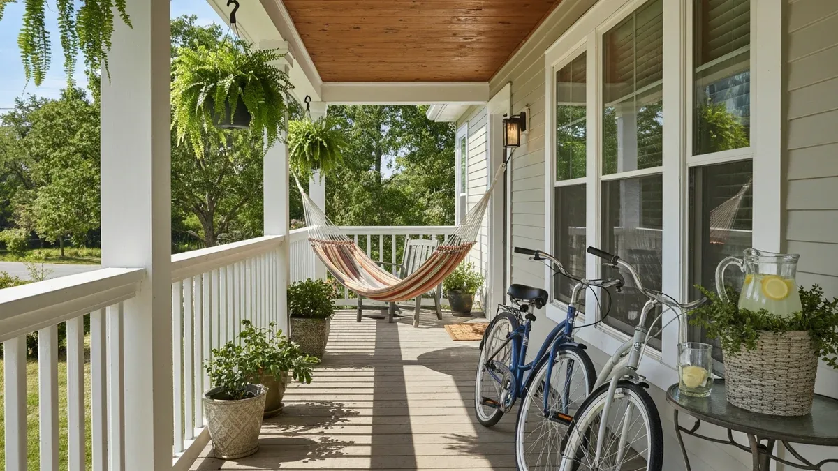 A welcoming summer vacation-rental porch with hanging plants, a hammock, lemonade and bicycles under bright midday sun