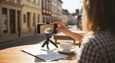 A host filming a coffee and a local map at a sunny cafe table with a phone on a small tripod for vacation-rental content