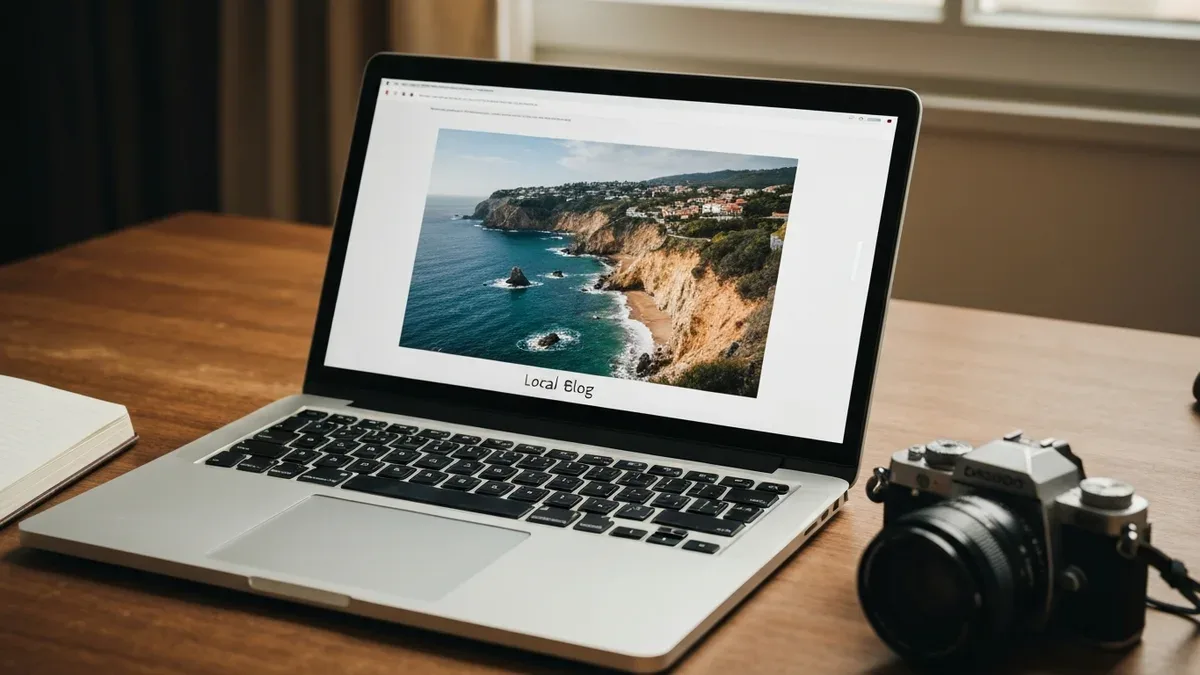 A laptop showing a vacation rental's local-guide blog page with a scenic header photo, a notebook beside it on a desk