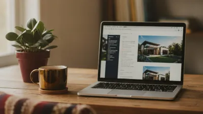Host writing a guest email on a laptop at a sunlit kitchen table in a vacation rental, coffee cup beside the keyboard