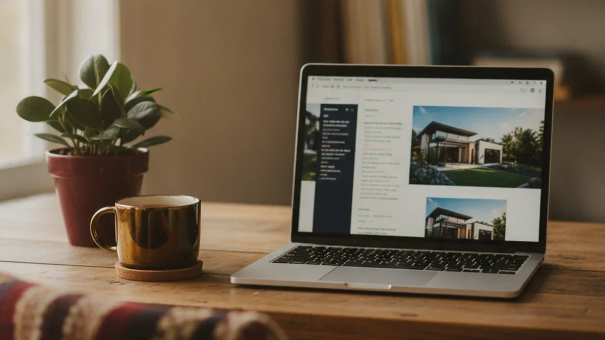 Host writing a guest email on a laptop at a sunlit kitchen table in a vacation rental, coffee cup beside the keyboard