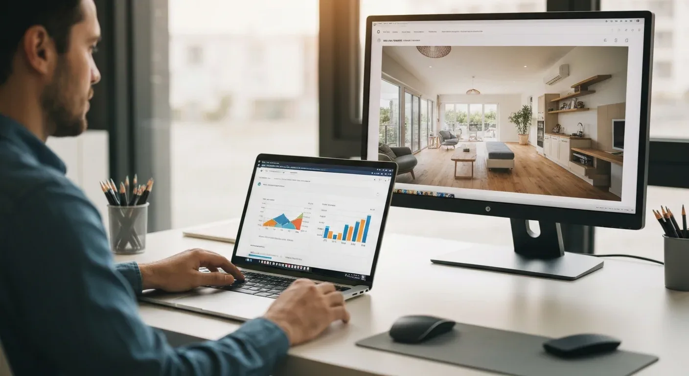 A marketer reviewing an advertising dashboard with performance charts on a laptop, a rental photo on a second screen