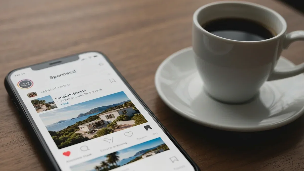 A phone showing a social feed with a sponsored vacation-rental ad and a scenic property image, coffee cup beside it