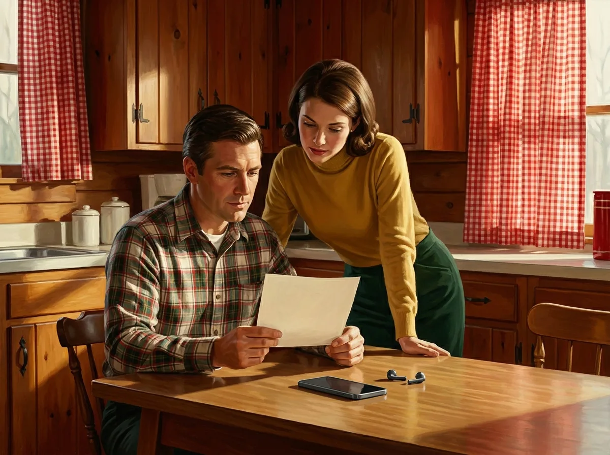 Painting of a 1970s couple at a cabin kitchen table reading a printed letter together, a modern smartphone between their coffee cups, gingham curtains in morning light
