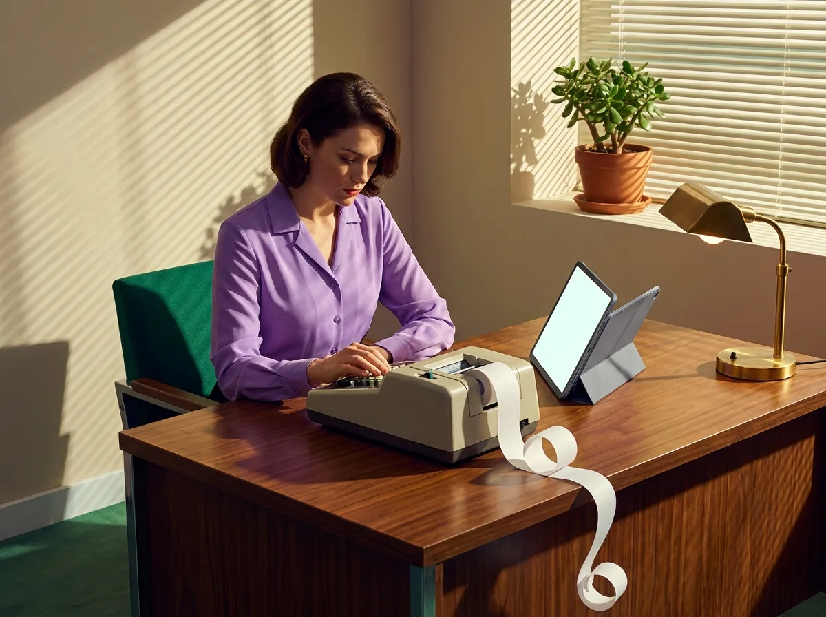 Painting of a 1970s bookkeeper in a lavender blouse at a vintage adding machine on a walnut desk, a long ribbon of blank paper tape curling to the floor, a modern tablet propped beside it