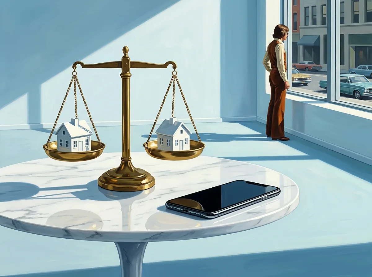 Painting of an antique brass balance scale on a white marble table holding two identical small white model houses perfectly level, a modern smartphone lying beside it, raking light