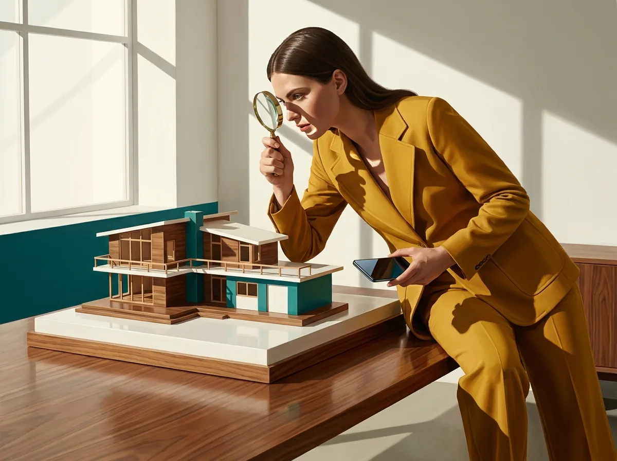 Painting of a woman in a 1970s mustard trouser suit examining a large architectural model of a vacation house through a brass magnifying glass, a modern smartphone in her other hand