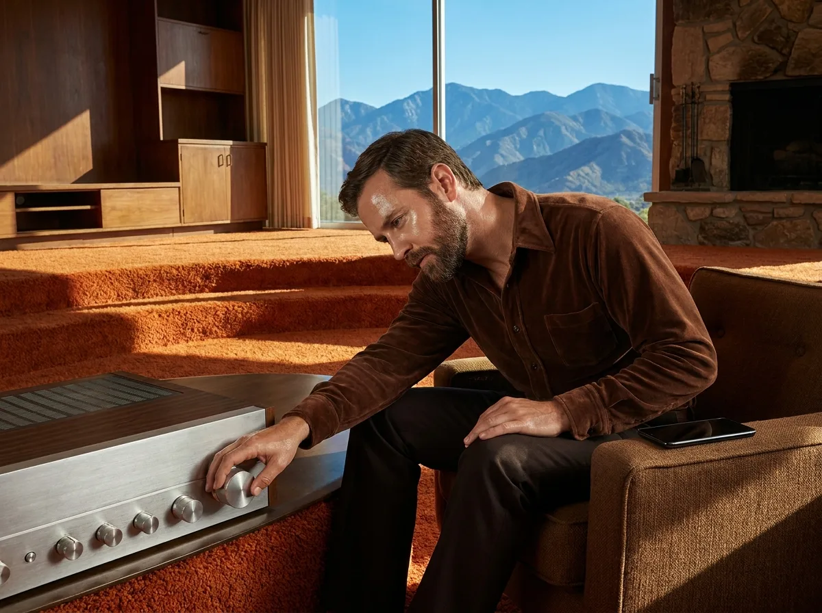 Painting of a man in a 1970s brown velour shirt in a sunken living room turning the large silver dial of a vintage hi-fi receiver, a modern smartphone on the arm of his chair, mountains through the window