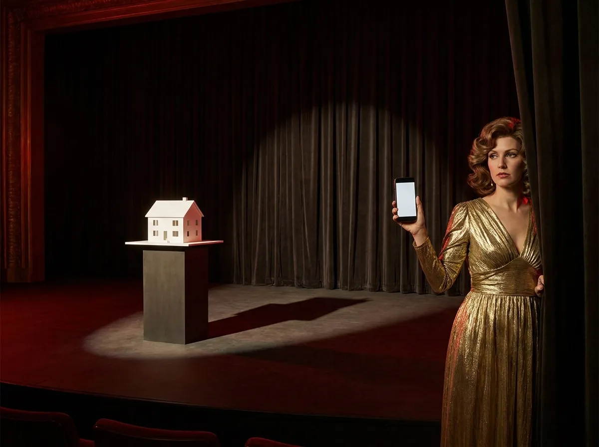 Painting of a single white model house on a pedestal under a bright spotlight on an empty theater stage with red velvet curtains, a woman in a 1970s gold lame dress watching from the wings with a modern smartphone
