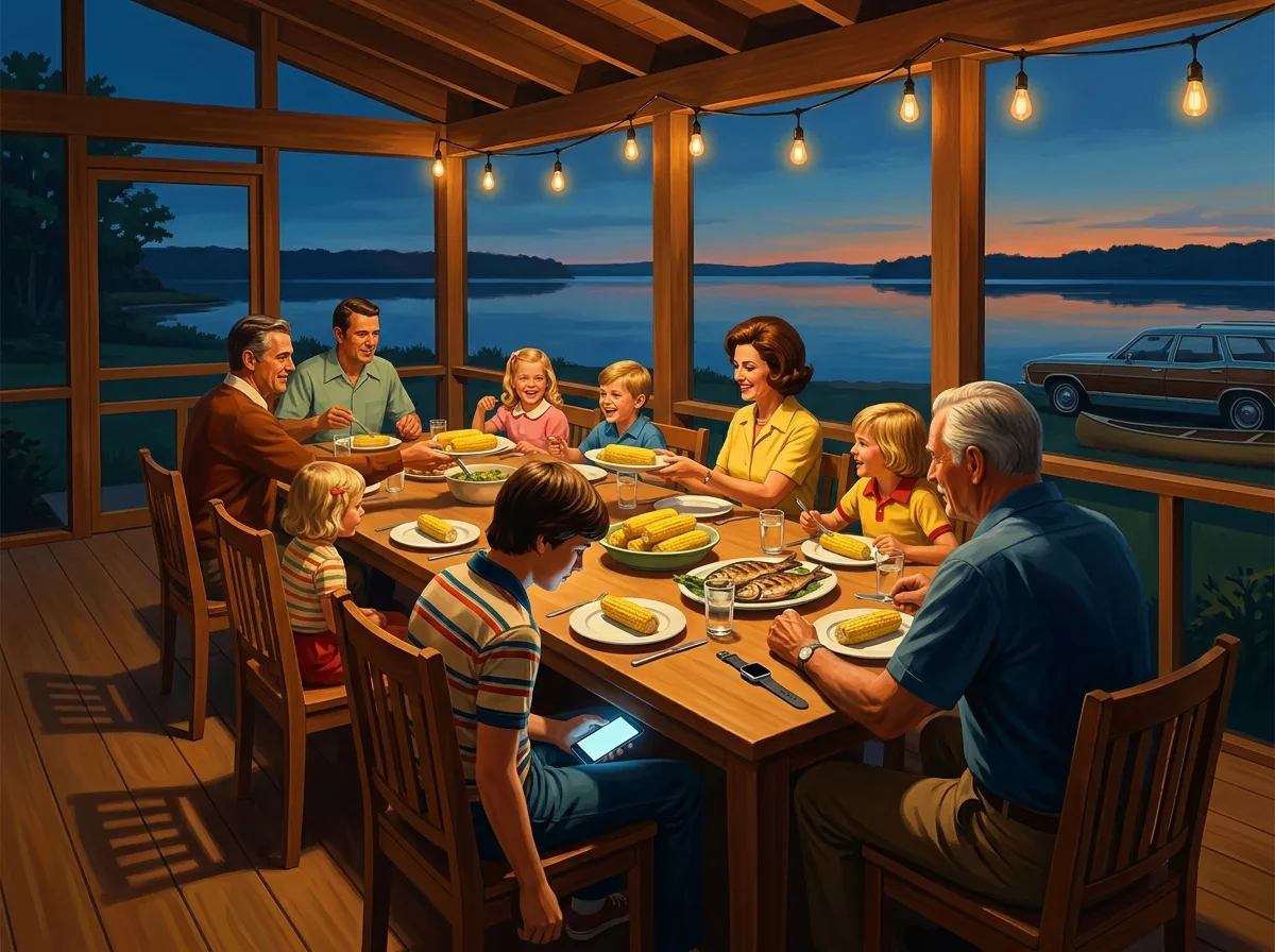 Painting of three generations at a long dinner table on the screened porch of a 1970s lake house at dusk, passing corn and grilled fish under warm string lights, a teenager glancing at a modern smartphone