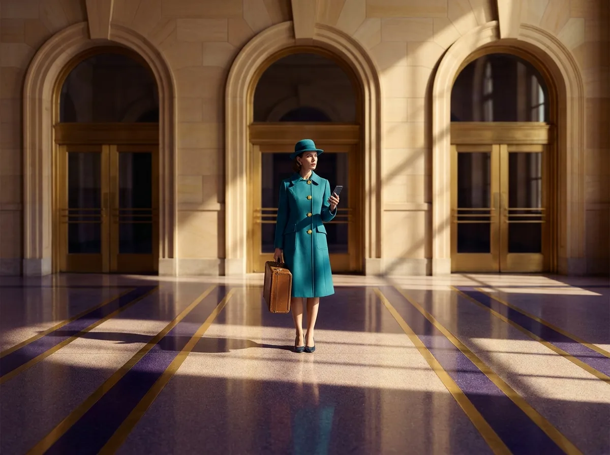 Painting of a lone traveler in a teal coat with a vintage suitcase standing in a grand 1970s train-station concourse before three identical arched doorways, holding a modern smartphone