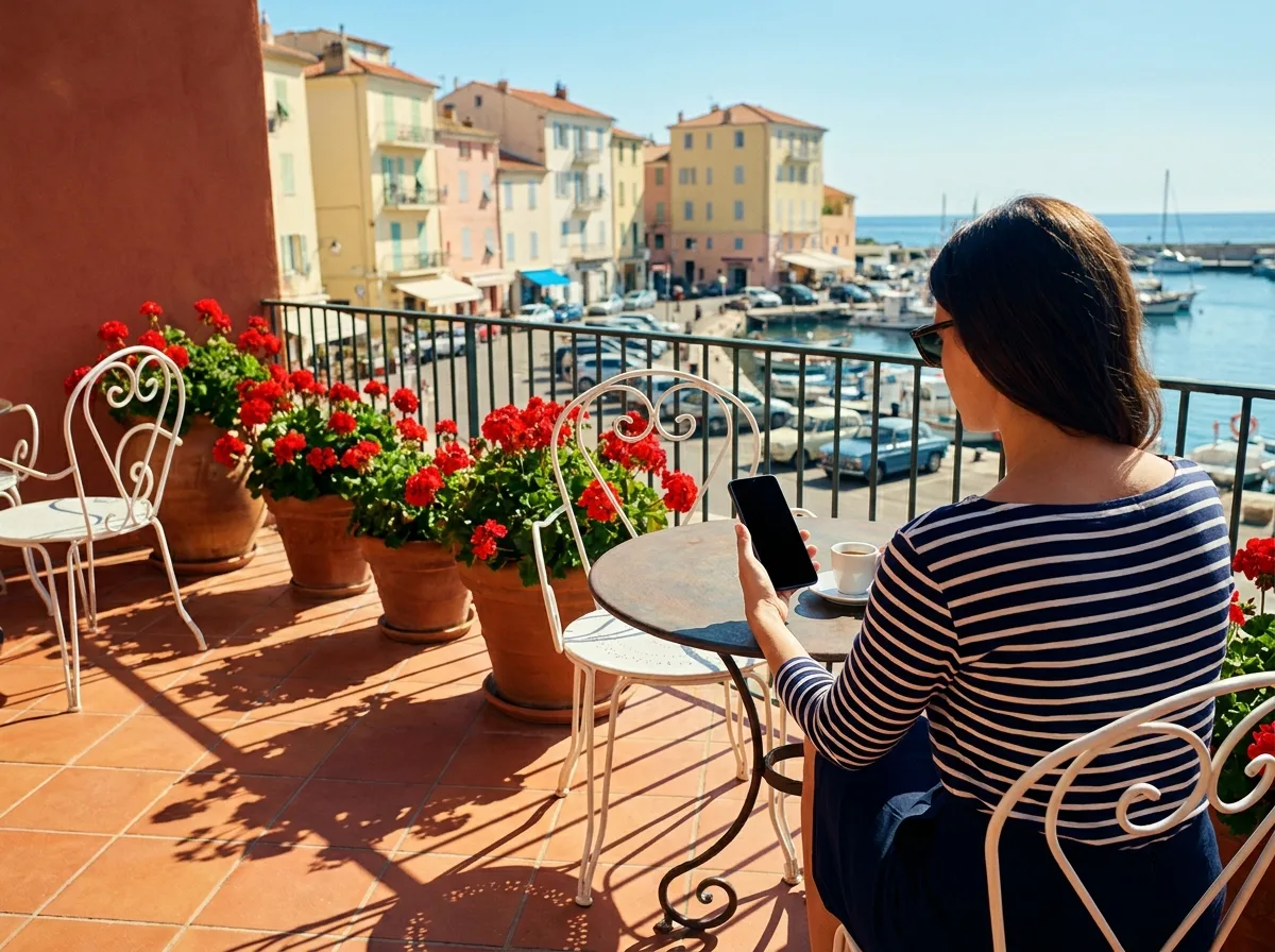Painting of a woman in a striped boat-neck top on a sunny Mediterranean balcony with red geraniums in terracotta pots, holding a modern smartphone beside an espresso cup above a pastel harbor town