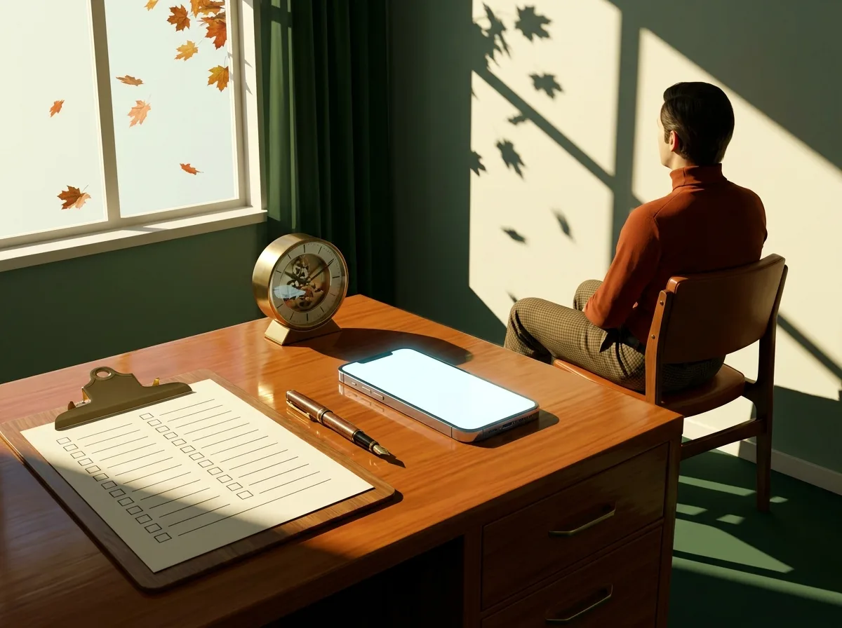 Painting of a tidy 1970s desk under a window with a clipboard holding a blank checklist form, a fountain pen, a vintage brass desk clock and a modern smartphone, autumn leaves outside