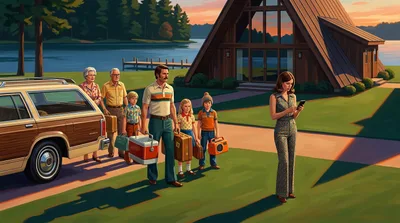 Painting of a large 1970s family unloading a wood-paneled station wagon in front of an A-frame lake house at golden hour, the mother checking a modern smartphone, a dock and calm lake behind