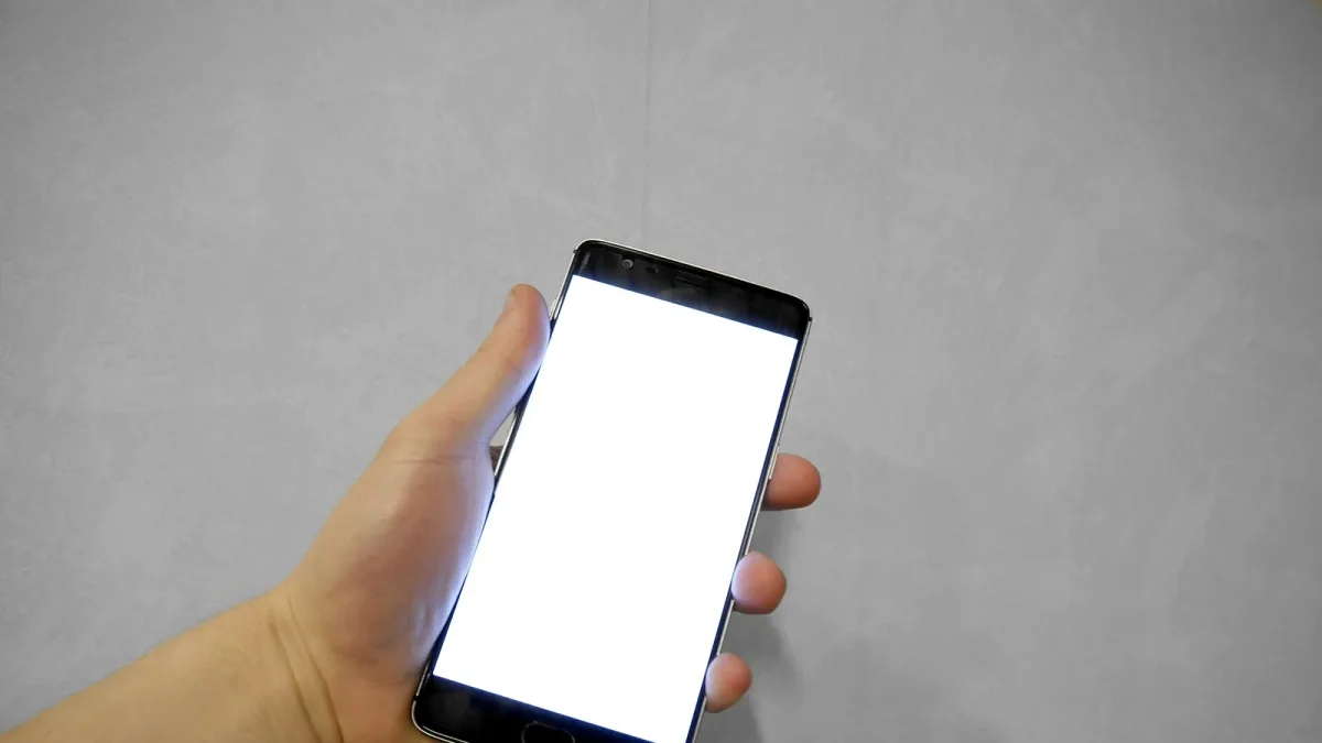 A hand holding a smartphone with a blank white screen