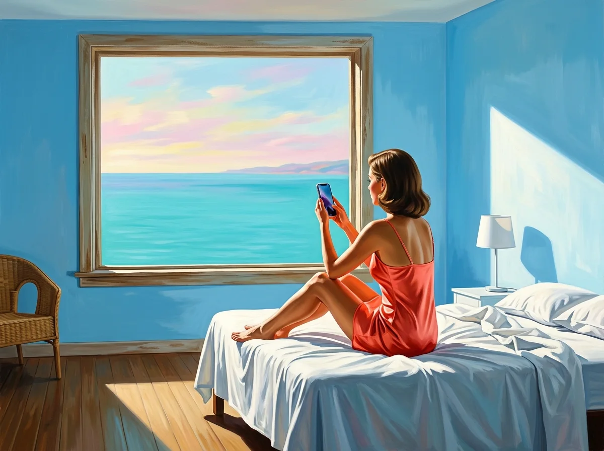 Painting of a woman in a coral slip sitting on a made bed in a sunlit room, holding a phone up to the light in front of a window onto a turquoise sea
