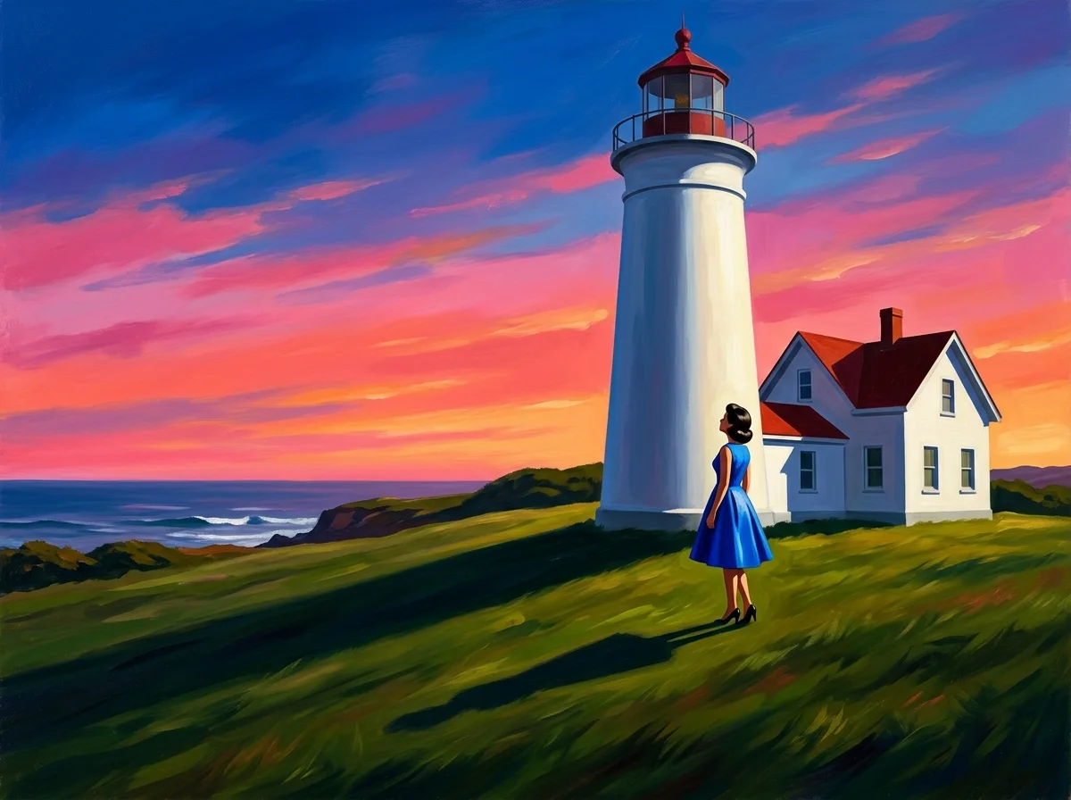 Painting of a tall white lighthouse on a green hill under a pink and orange evening sky, with a lone woman in a cobalt dress looking up at it