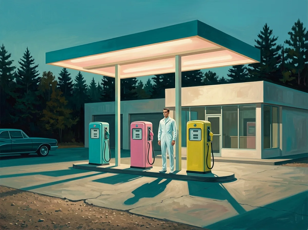 Painting of a roadside service station at dusk with three vintage fuel pumps painted turquoise, pink and yellow and an attendant in a white jumpsuit