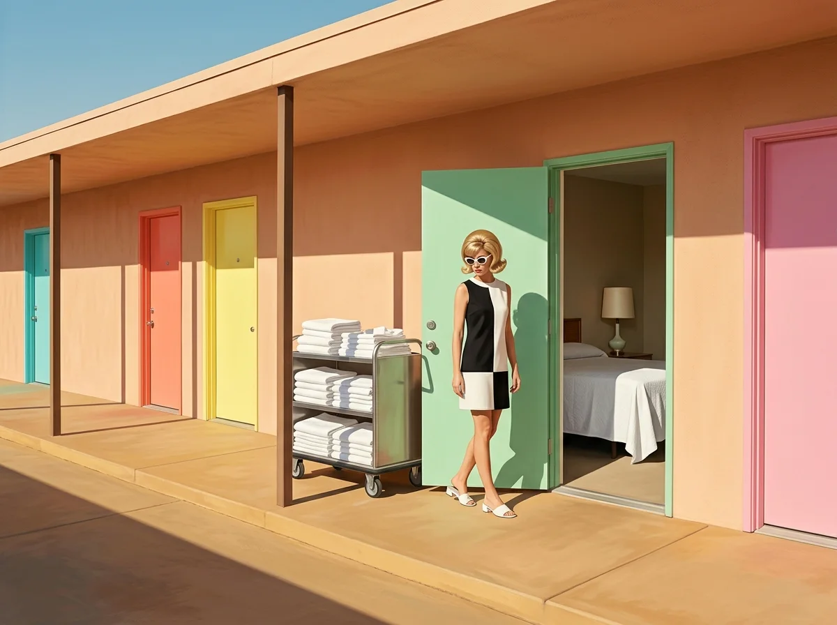 Painting of six motel room doors in a row along a sunlit walkway, each painted a different candy color, one standing open to show a made bed