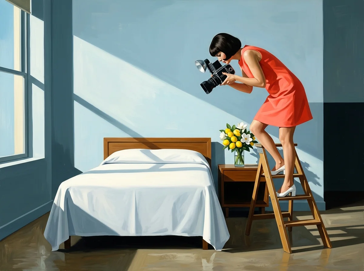 Painting of a photographer in a coral dress standing on a stepladder aiming a vintage camera at a made bed with white linen in hard window light
